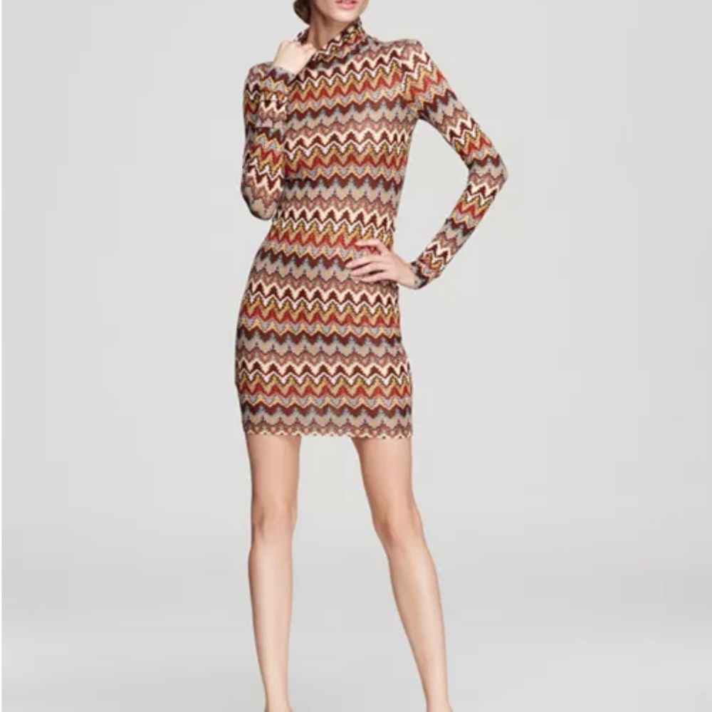 Flame Stitch Turtleneck Fitted Dress